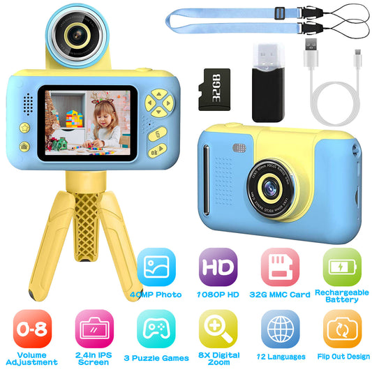 Kids Digital Camera with Flip Lens - Complete Photography Kit with Tripod & Games for Ages 3-10